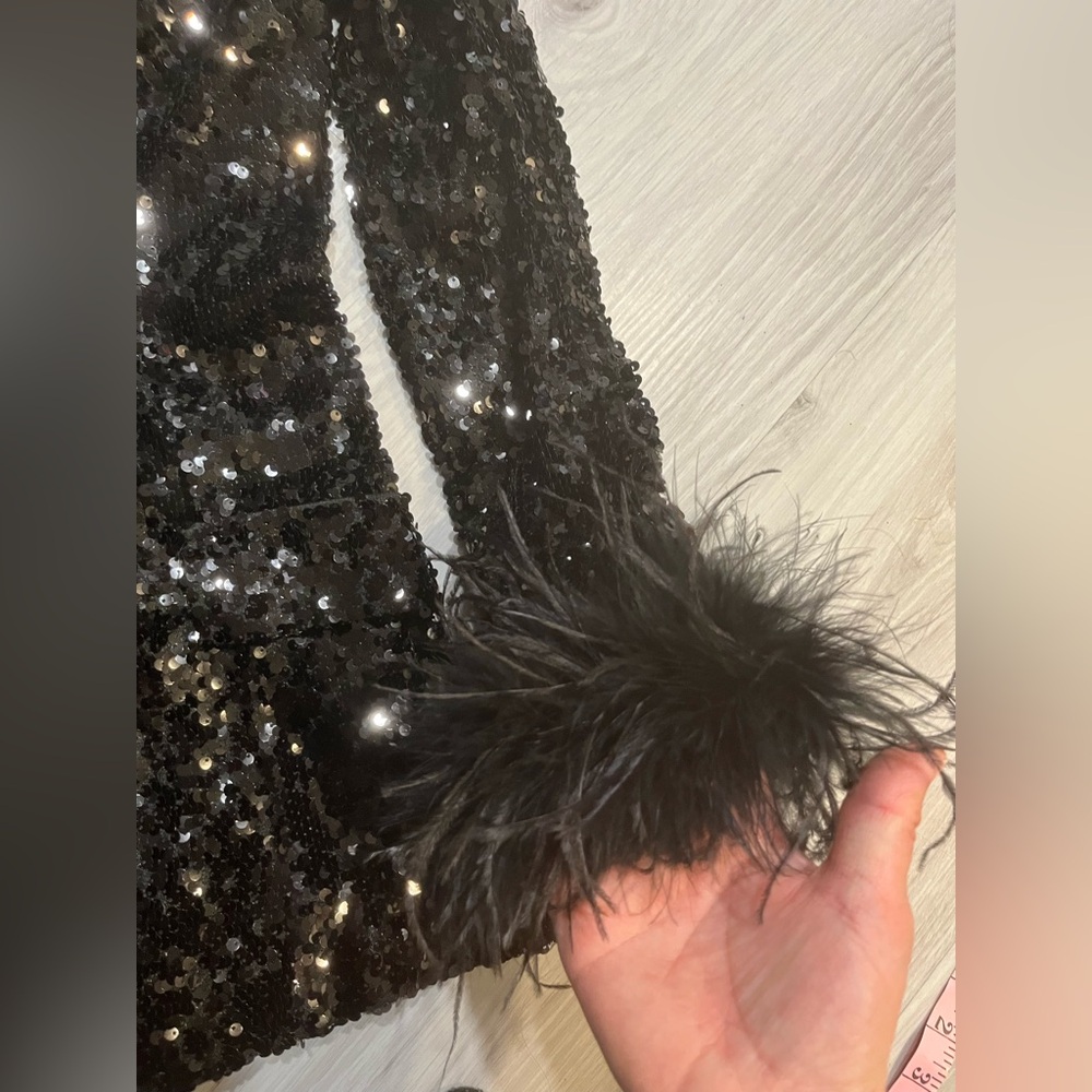 Black Sequin Blazer with Feather Cuffs - Picture 11 of 15